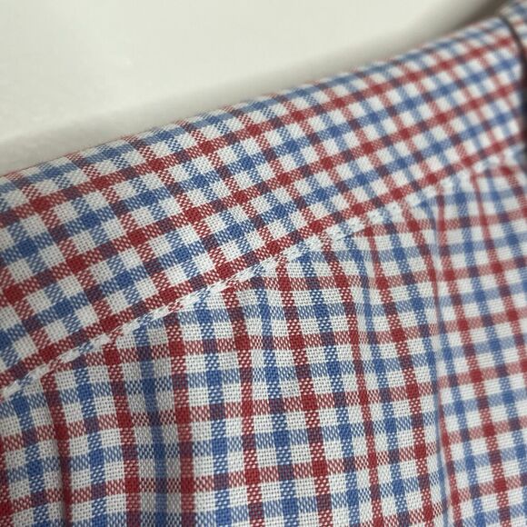 J McLaughlin Button Up Microplaid Shirt Red White Blue Mens L Preppy Americana - Picture 2 of 8